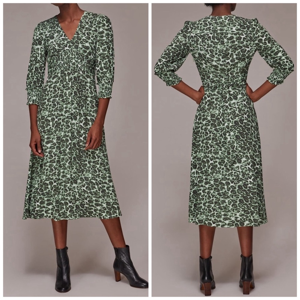 Whistles • Clouded Leopard Shirred Dress in Green